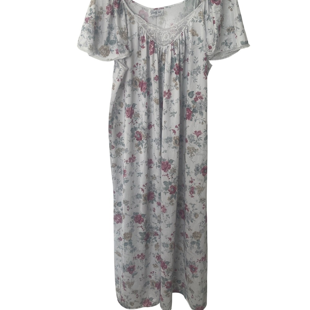Vintage Vanity Fair‎ Floral Nightgown Lace Trim Flutter Sleeve Large Grandmacore